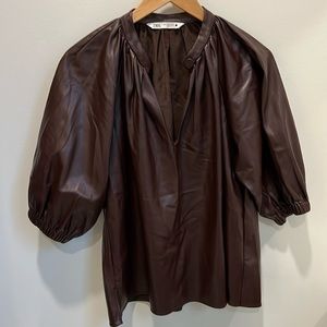 Zara Oxblood faux leather shirt with puff sleeves - size small